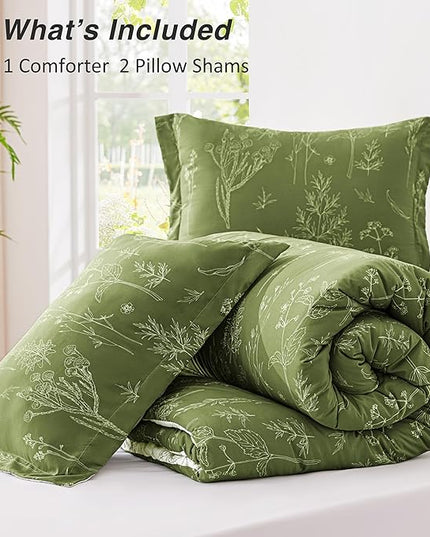 Love's cabin Olive Green King Comforter Set - King Size Comforter Set, 3 Pieces Cute Floral Bedding Sets for All Seasons,1 Soft Reversible Botanical Flowers Comforter and 2 Pillow Shams