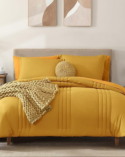 Monbix King Size Comforter Set - 7 Pieces Bed in a Bag King, Bright Yellow Bedding Sets with Comforter, All Seasons Down Alternative Comforter Bed Set with Sheets, Pillowcases & Shams