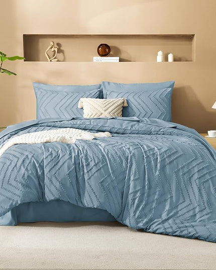 Litanika Super King Plus Size Comforter Set with Sheets Grayish Blue - 7 Pieces Bed in a Bag Oversized King Boho Tufted Complete Bedding Sets with Comforter, Sheets, Pillowcases & Shams