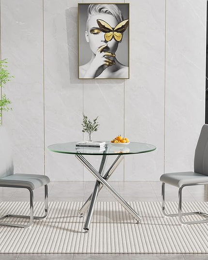 HomVent Round Glass Dining Table Set for 2, 3-Piece Modern Kitchen Table Set with 2 PU Upholstered Chair for Kitchen Dining Room, Glass Dining Room Table Set