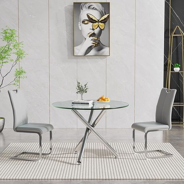 HomVent Round Glass Dining Table Set for 2, 3-Piece Modern Kitchen Table Set with 2 PU Upholstered Chair for Kitchen Dining Room, Glass Dining Room Table Set