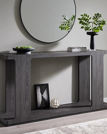 OKD 63 Inch Modern Entryway Console Table, 2-Tier Long Sofa Table Behind Couch with Curved Edge, Wood Farmhouse Narrow Entry Table for Hallway, Living Room, Foyer, Entrance, Dark Alder