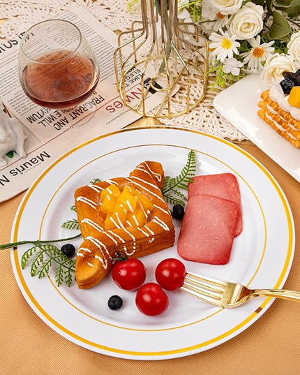 bUCLA 100Pieces Gold Plastic Dinner Plates - 10.25inch White and Gold Plates Disposable for Party - Ideal for Wedding, Party & Daily Use