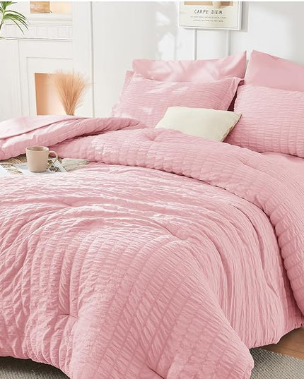 HYMOKEGE Pink California King Comforter Set Seersucker 7 Pieces, All Season Luxury Bed in a Bag for Bedroom, Bedding Set with Comforters, Sheets, Pillowcases & Shams