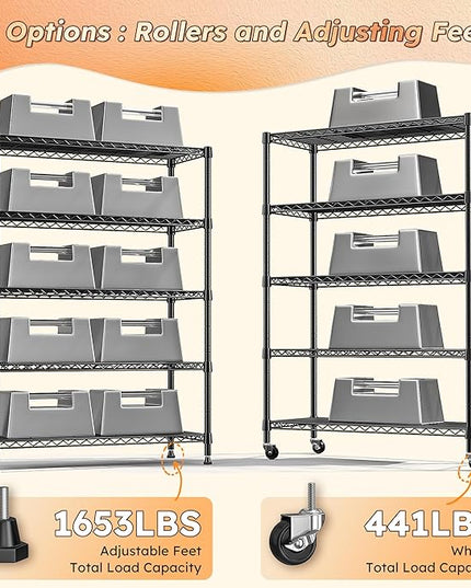 REIBII 1653LBS Storage Shelves with Wheels,76.1" H Metal Shelving 5-Tire Adjustable Wire Shelving Pantry Shelves for Garage Shelving, Pantry, Kitchen, Closet, Commercial,15.7" D x 35.4" Wx76.1 H