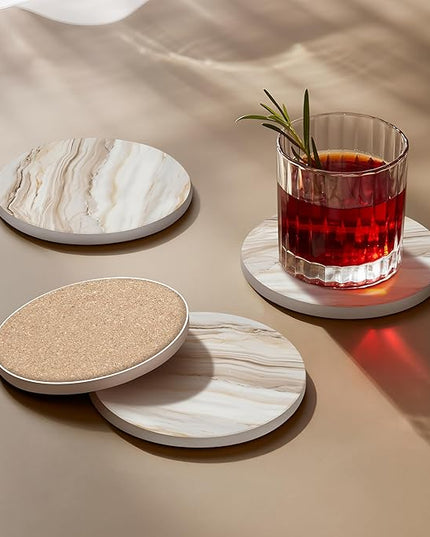 VEYRO Coasters Set of 6 for Drinks – Absorbent Ceramic Stone Drink Coasters with Cork Backing for Coffee Table & Desk, Modern Marble Look Cup Coaster Set, Housewarming Gift for New Home