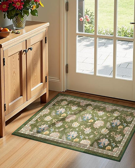 jinchan Elora 2x3 Floral Rug for Entryway Washable Rug Vintage Romance Design Christmas Small Mat Non Slip Indoor Doormat Lightweight Low-Profile Throw Carpet for Entrance Bathroom Laundry, Green