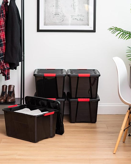 IRIS USA 40 Qt Stackable Plastic Storage Bins with Lids, 4 Pack - BPA-Free, Made in USA - Garage Organizing Solution, Latches, Durable Nestable Containers, Secure Pull Handle - Black