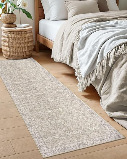 2x6 Washable Runner Rug for Hallways, Cream Beige White Grey Soft Neutral Vintage Kitchen Rugs with Non-Slip, Non-Shedding Distressed Floral Rug for Bedroom Kitchen Porch Laundry Entryway