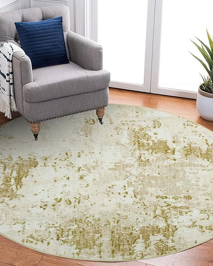 Modern Abstract 4x4 Round Area Rug Non Slip Non Shedding Rug Low Pile Stain Resistant for Bedroom Living Room Office Dining Room,Golden Grey