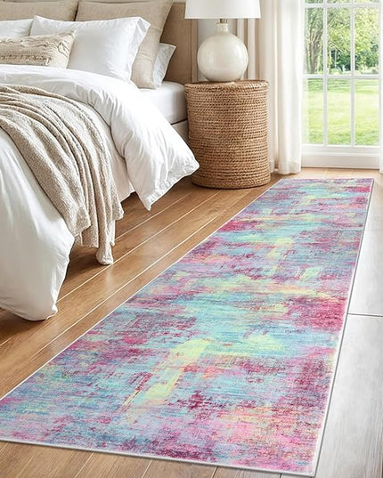 IOHOUZE Abstract Runner Rug 2x8 Ft Washable Runners for Hallways, Non Slip Kitchen Runner Printed Faux Wool Entryway Runner Indoor, Modern Abstract Floor Carpet for Hall Kitchen Bedroom, Pink Teal