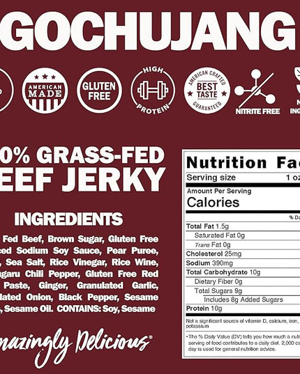 Field Trip Grass Fed Beef Jerky, Healthy Gluten Free Snacks, All Natural, Paleo-Friendly Beef Jerky, High Protein, Low Carb Snack with No Nitrates, 1oz Bag, 12 Pack, Gochujang Korean BBQ
