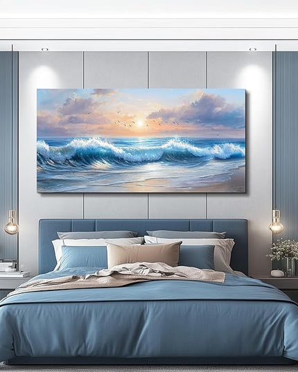 XIGUANGART Canvas Prints Wall Art for Bedroom Large Wall Decor for Living Room Ocean Paintings Blue Modern Minimalist Artwork Beach Sunrise Sea Wave Nature Pictures Home Decor Ready To Hang
