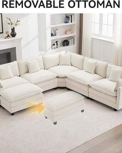 137'' V Shaped Cloud Sectional Sofa, Oversized Deep Seat Couches for Living Room, Chenille Comfy Upholstered Modular Sectional Sofa Couch, Beige