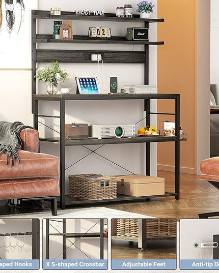 Aheaplus Bakers Rack with Power Outlet, Microwave Stand, 5 Tiers Coffee Bar Station with Led Lights, Kitchen Storage Shelf with 6 S-Shaped Hooks, Kitchen Rack Coffee Bar Stand, Grey Oak