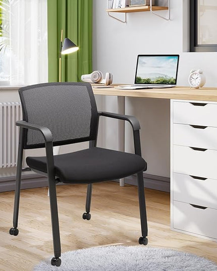 CLATINA Black Waiting Room Chair with Wheels Mesh Back Stacking Arm Chairs with Upholstered Fabric Seat and Ergonomic Lumbar Support for Office School Church Guest Reception