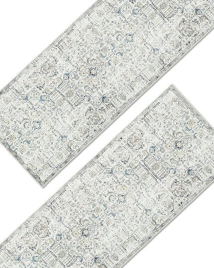 jinchan Kalen Runner Rug 3x8-2pcs Washable Hallway Rug Vintage Indoor Thin Retro Floor Cover Distressed Floral Country Lightweight Non Slip Carpet for Entryway Bathroom Kitchen Bedroom Stairway Blue