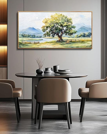 PHAOHUAXM Large Canvas Wall Art For Living Room Wall Decor For Office Bedroom Hotel room Green Tree Ink-Wash Landscape Painting Wood Framed Farmhouse Home Decoration Artwork Ready To Hang 24x48In
