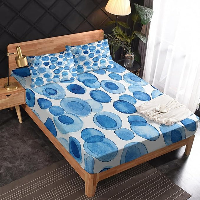 Polka Dot Sheets King Size - Polka Dot Decor, Blue and White Bed Sheets & Bedroom Decor, Soft Breathable Microfiber Deep Pocket Patterned Bedding Sheets & Pillowcases
