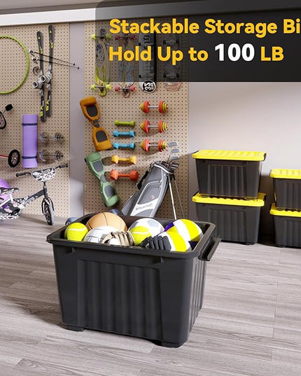 Nazhura 97 Quart Plastic Storage Bin, Stackable and Nestable Storage Boxes with Yellow Lids and Secure Latching Buckles, Large Storage Container (Black/Yellow, 97Quart-6Pack)