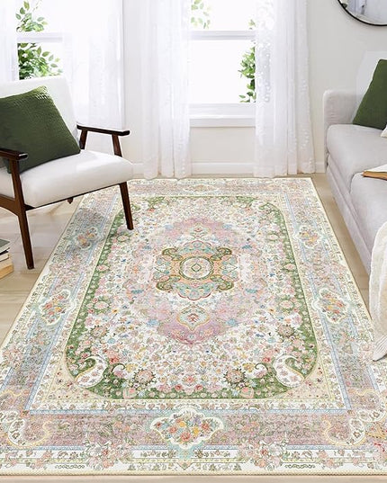 Pink Rug 4'x6.5',Washable Area Rugs for Bedroom Living Room Kitchen Entryway,Small Boho Vintage Bohemian Distressed Non Slip Carpet,Blush Green