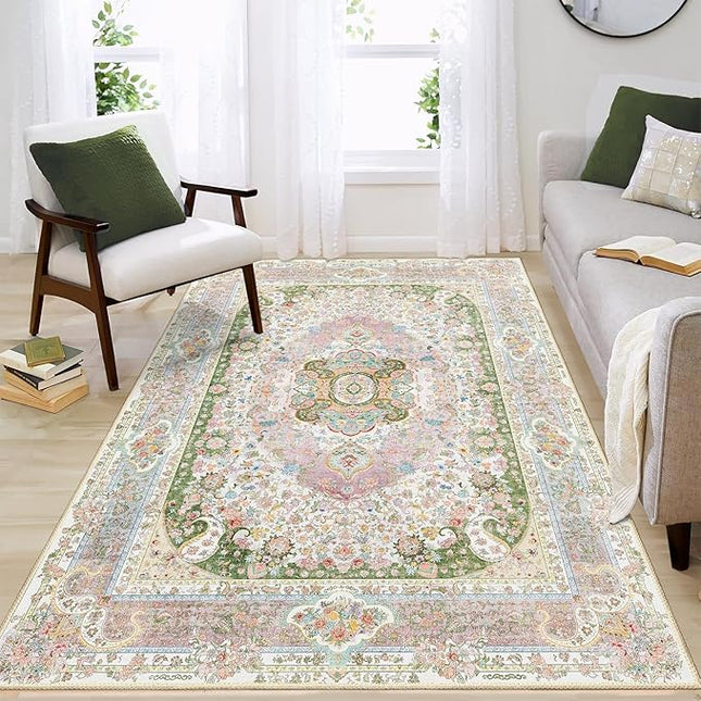 Pink Rug 4'x6.5',Washable Area Rugs for Bedroom Living Room Kitchen Entryway,Small Boho Vintage Bohemian Distressed Non Slip Carpet,Blush Green