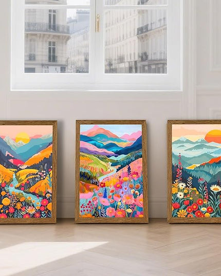 InspiredHues Colorful Mountain Boho Canvas Wall Art Set, 3 Piece Watercolor Flower Picture Wall Decor, Abstract Nature Landscape Artwork Prints for Living Room Bedroom Office 16x24 In Wood Framed