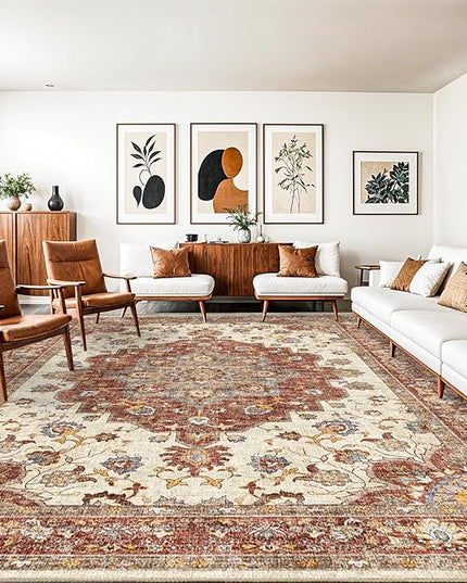 Washable Oriental Area Rug - 10x14 Rugs for Living Room Soft Carpet for Bedroom Waterproof Floral Distressed Indoor Stain Resistant Non-Shedding Floor Carpets (Red, 10X14)