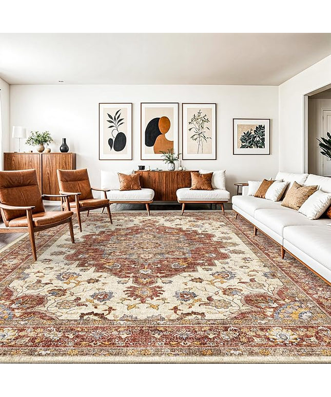 Washable Oriental Area Rug - 10x14 Rugs for Living Room Soft Carpet for Bedroom Waterproof Floral Distressed Indoor Stain Resistant Non-Shedding Floor Carpets (Red, 10X14)
