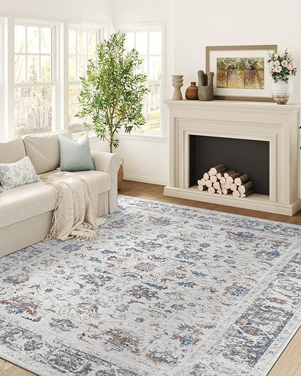 jinchan Area Rug 8x10 Living Room Rug - Washable Vintage Large Boho Floral Floor Cover Lightweight Low Pile Thin Non-Slip Retro Distressed Carpet for Bedroom Dining Room Kitchen Office Grey Multi