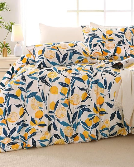 MUXHOMO Lemon Blossom Full Comforter Set, Elegant Floral Print Bed in a Bag 7 Pieces, Ultra Soft & Breathable Reversible Botanical Pattern Bedding Set with Comforter, Sheets, Pillowcases, and Shams