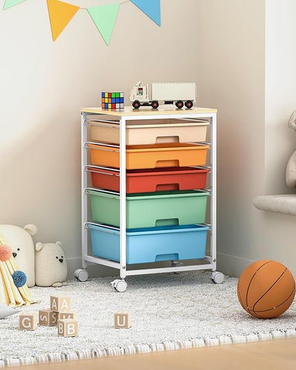 Craft cart,Rolling Cart with Drawers,Storage Cart with 5 Drawers and Wooden Tabletop for Under Desk Organizers and Storage,Macaron