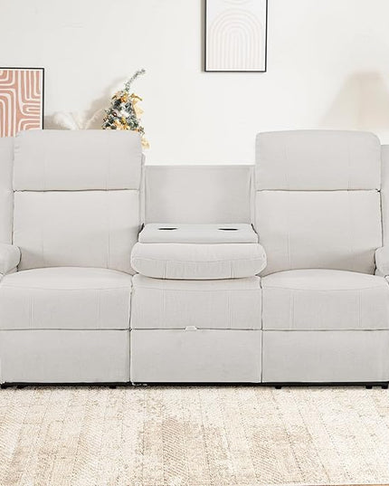Reclining Sofa Couch,Loveseat Recliner Sofa with Drop Down Table/ 4 Cup Holder/Hidden Storage, Wall Hugger Recliner Sofa for Living Room & Home Theater & RV(Beige)