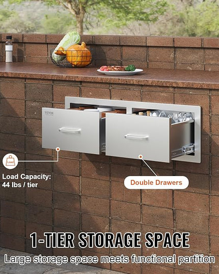 VEVOR Outdoor Kitchen Drawers 30" W x 10" H x 20" D, Horizontal Double BBQ Access Drawers Stainless Steel with Handle, BBQ Island Drawers for Outdoor Kitchens or Patio Grill Station