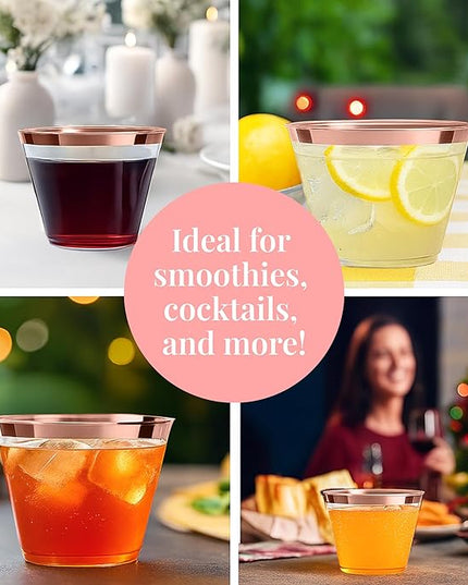 Prestee 200 Rose Gold Plastic Cups, 9oz – Elegant Hard Disposable Tumblers for Wine, Cocktails & Beverages – Clear Plastic Cups with Rose Gold Rim – Bulk Party Drinkware for Weddings, Holidays & Event