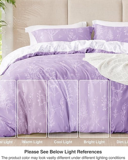 Love's cabin Lavender Comforter Set Queen - Queen Size Comforter Set, 3 Pieces Cute Floral Bedding Sets for All Seasons,1 Soft Reversible Botanical Flowers Comforter and 2 Pillow Shams