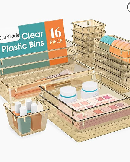 16 PCS Drawer Organizer Set, 5 Varied Size Bathroom and kitchen Drawer cabinet organizer Trays, Clear Storage Bins for Makeup, Jewelry, Utensils and Gadgets, Champagne