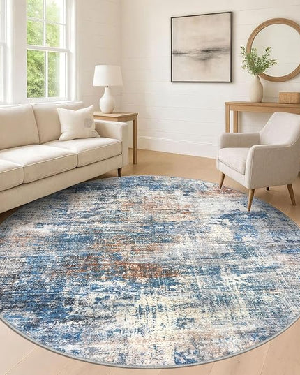 IOHOUZE Abstract Round Area Rug 8 Ft Washable Circle Rugs Large Round Rug Non Slip Thin Soft Circle Rugs, Printed Faux Wool Floor Carpet for Bedroom Living Room Dining Room Nursery, Blue Rust