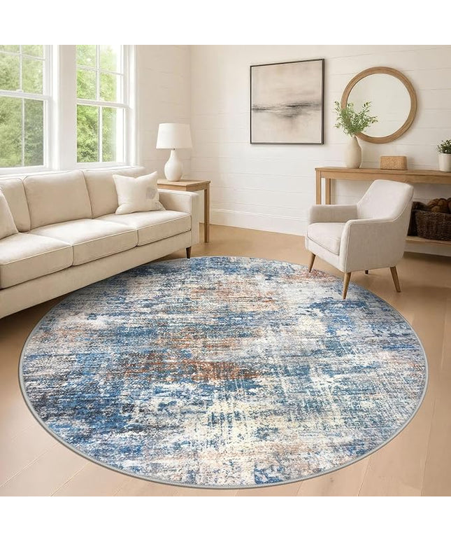 IOHOUZE Abstract Round Area Rug 8 Ft Washable Circle Rugs Large Round Rug Non Slip Thin Soft Circle Rugs, Printed Faux Wool Floor Carpet for Bedroom Living Room Dining Room Nursery, Blue Rust