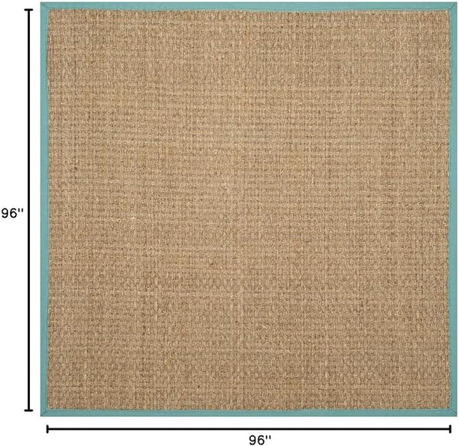 SAFAVIEH Area Rug 8' Square - Natural Fiber Collection - Natural & Teal, Seagrass, Basketweave Pattern with Border (NF114R)