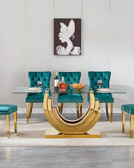 Henf 7-Piece Glass Dining Table Set with 6 Upholstered Dining Chairs, Large Gold Dining Table and Chair Set for 6, Modern Kitchen Table Furniture for Dining Room, Stainless Steel Base and Glass Top