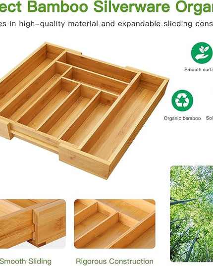 Pipishell Bamboo Expandable Drawer Organizer for Utensils Holder, Adjustable Cutlery Tray, Wood Drawer Dividers Organizer for Silverware, Flatware, Knives in Kitchen, Bedroom, Living Room(M-N)