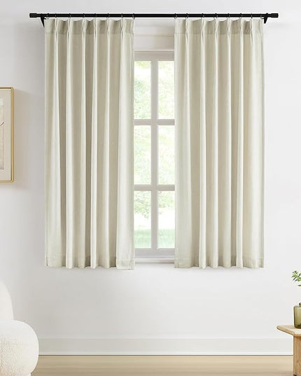 Vision Home Ivory Beige Pinch Pleated Curtains Velvet Chenille Light Filtering Window Curtains 63 inches for Living Room Bedroom Semi-Blackout Pinch Pleat Drapes with Hooks 2 Panels 36" Wx63L,Pearl