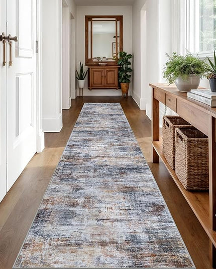 IOHOUZE Abstract Runner Rug 2x12 Ft Washable Runners for Hallways, Non Slip Kitchen Runner Printed Faux Wool Entryway Runner Indoor, Modern Abstract Floor Carpet for Hall Kitchen, Orange Grey