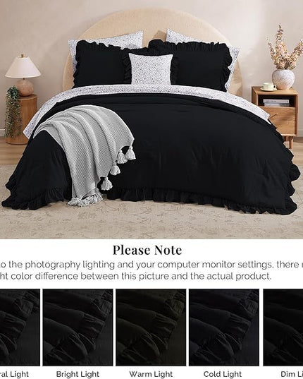 Queen Comforter Set - 7 Pieces Ruffle Black Bedding Sets, Shabby Chic Farmhouse Bed in a Bag Queen with Ruffle Comforter, Floral Sheets, Pillowcases & Shams