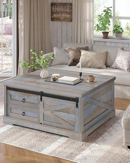 Itaar 39.4'' Lift Top Coffee Table with Storage, Farmhouse Coffee Tables for Living Room, Square Coffee Table with Large Hodden Compartment & 2 Drawrs & Adjustables Shelves (Blue)