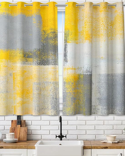 Yellow Window Curtain Yellow Grey Abstract Thermal Insulating Drapes Rust Art Treatment Drapes Modern Curtains for Living Room Bedroom Hotel, 26" x 36", 2 Panels