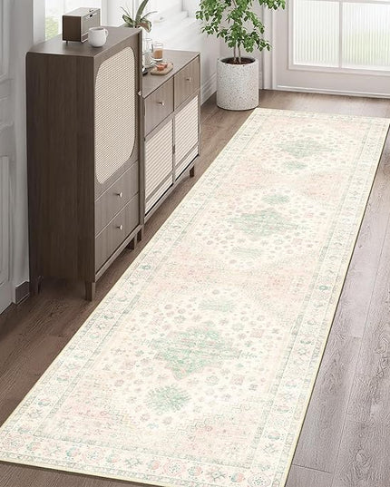 MUJOO Washable Runner Rug,2x8 Runners for Kitchen Bathroom Hallway Bedroom Entryway Laundry,Non Slip Long Mat Indoor,Boho Throw Carpet Low Pile Light Pink and Green
