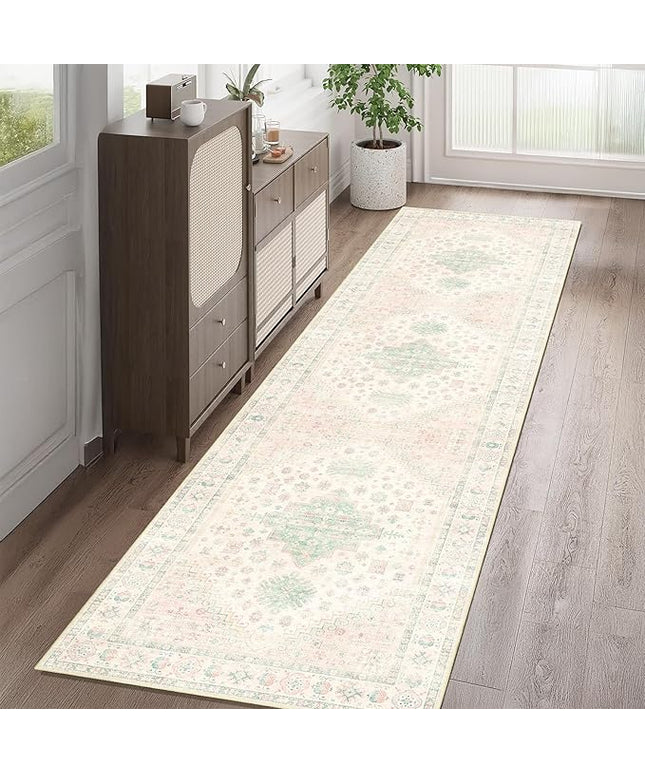 MUJOO Washable Runner Rug,2x8 Runners for Kitchen Bathroom Hallway Bedroom Entryway Laundry,Non Slip Long Mat Indoor,Boho Throw Carpet Low Pile Light Pink and Green