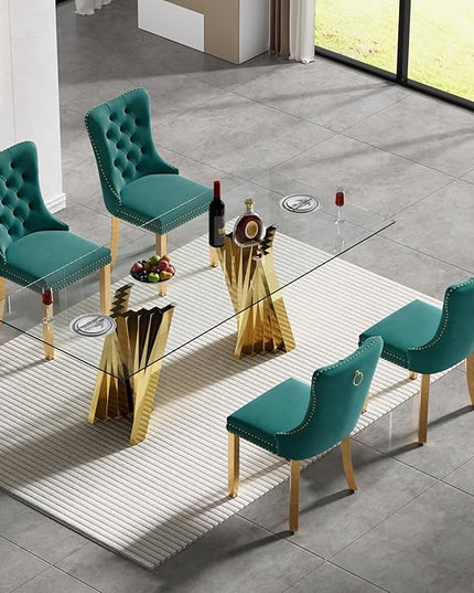 5 Piece Glass Dining Table Set,70" Dinner Room Glass Table Set for 4,Modern Kitchen Dinner Table Set with Stainless Steel Base and 4 Upholstered Velvet Dining Chairs for Living Dining Room